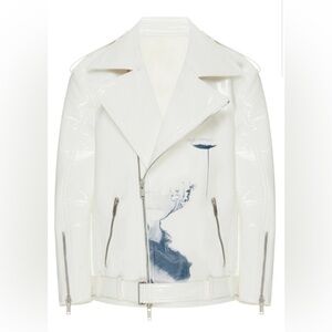 White Leather Jacket with Blue Accents